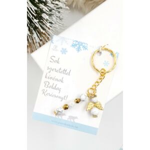 Kép 1/2 - Aranyszín kulcstartó angyalka medállal.  Az ajándékszett része a kulcstartó, az üzenetkártya, és egy fehér tüll tasak!