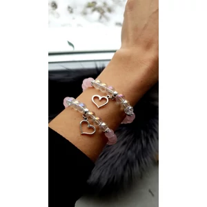 Kép 1/2 -  Anya-Lánya karkötőpár szívecske medállal rózsakvarc, hegyikristály ásvány, ásványkarkötő anyák napja