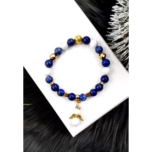 Kép 1/2 - "Kék angyal" kristálykarkötő.  Howlit, arany hematit, és lazurit ásványokbóll készült karkötő, arany szín díszítéssel és egy angyal medállal.