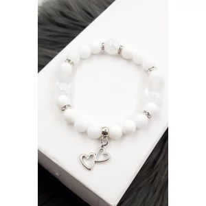 Kép 1/2 - Hófehér kristálykarkötő dupla szivecske medállal