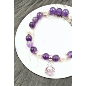 Kép 2/2 - "Ametiszt álom" kagyló medálkás ásványkarkötő igazgyöngy tenyésztett igazgyöngy kristálykarkötő ékszer