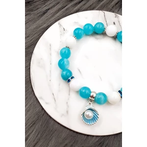 Kép 2/2 - "Türkiz álom" kagyló medálkás ásványkarkötő kék kvarc tejkvarc kristálykarkötő ajándék ajándékötlet