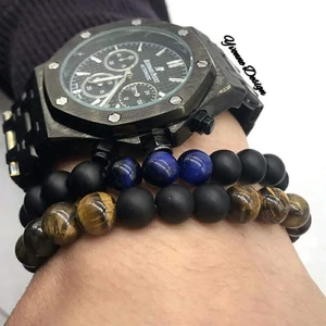 Kép 1/2 - Matt ónix férfi ásványkarkötő tigrisszemmel 