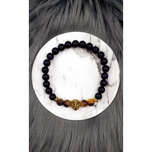 Kép 1/2 - Oroszlánfejes ónix - tigrisszem ásványkarkötő férfi karkötő ásvány oroszlán arany matt tigrisszem férfi ékszer