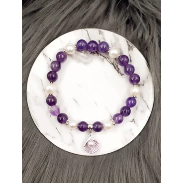 "Ametiszt álom" kagyló medálkás ásványkarkötő igazgyöngy tenyésztett igazgyöngy kristálykarkötő ékszer