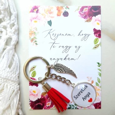 Szeretlek Anya feliratos üveglencsés kulcstartó üzenetkártyával