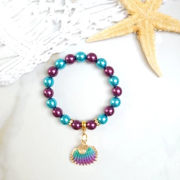 Türkiz - Lila kagyló medálos karkötő