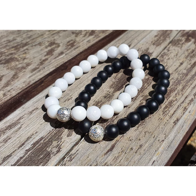 Ezüst lávaköves Black&amp;White szerelmi karkötőpár _2