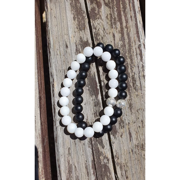 Ezüst lávaköves Black&amp;White szerelmi karkötőpár _1