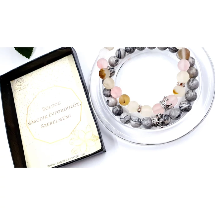 Évforduló köszöntő koronás ásványkarkötőpár "ezüst"