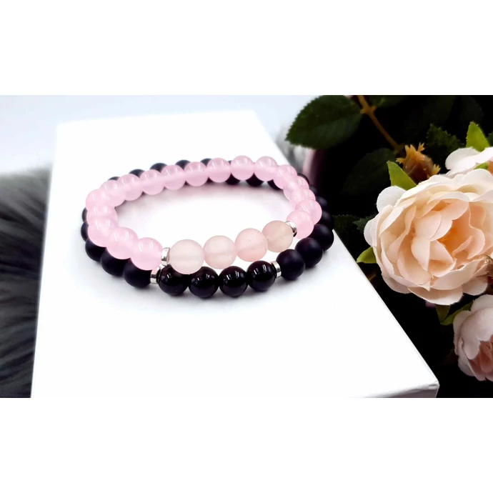 Matt rózsakvarc - Fényes ónix ásványkarkötőpár