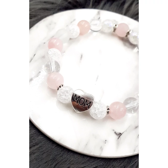 "MOM" medálos rózsakvarc - hegyikristály karkötő_1