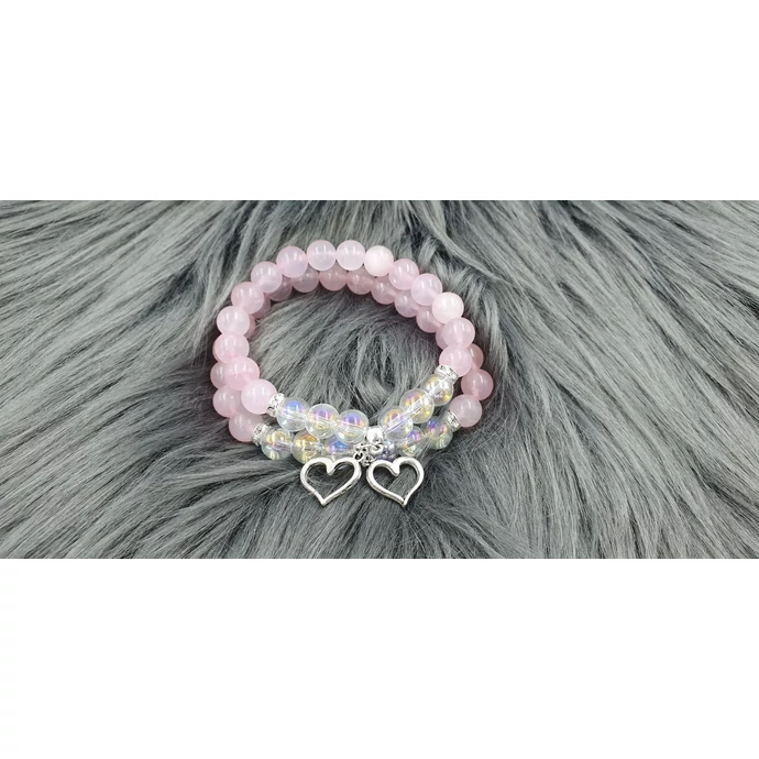  Anya-Lánya karkötőpár szívecske medállal rózsakvarc, hegyikristály ásvány, ásványkarkötő anyák napja