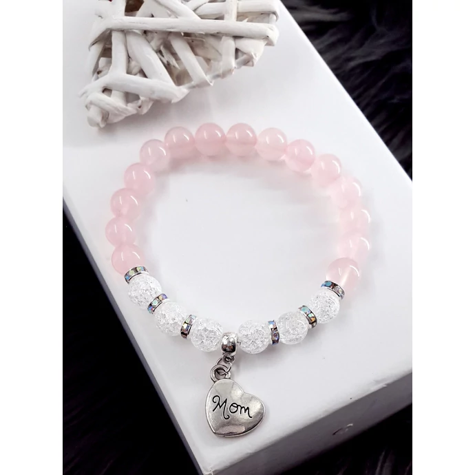 "MOM" medálos rózsakvarc - hegyikristály karkötő