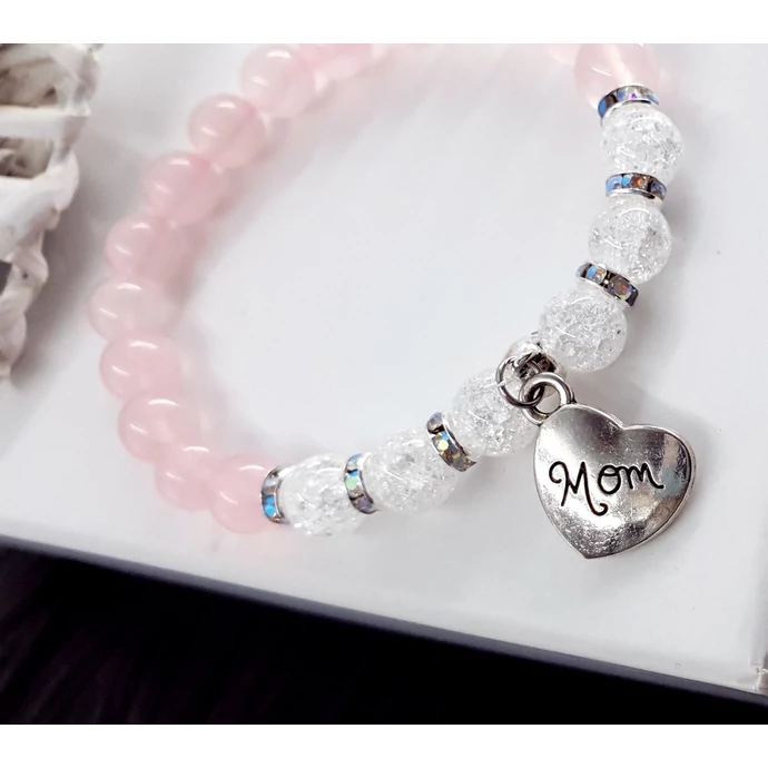 "MOM" medálos rózsakvarc - hegyikristály karkötő_1