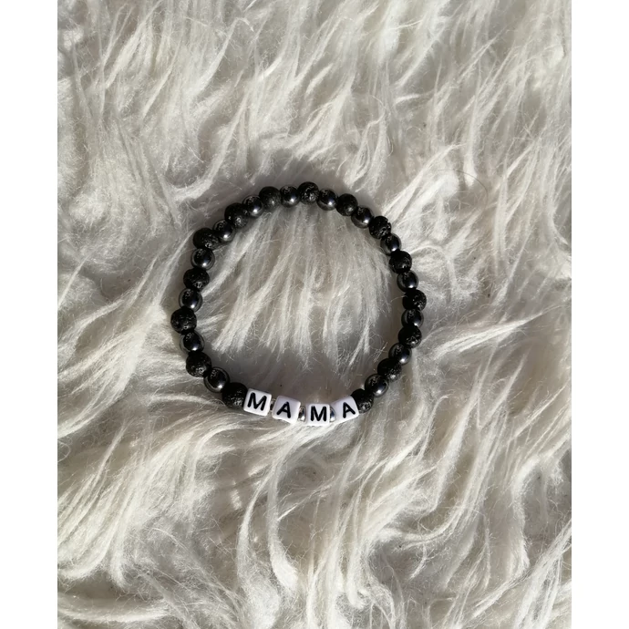 "MAMA" feliratos hematit-lávakő ásványkarkötő