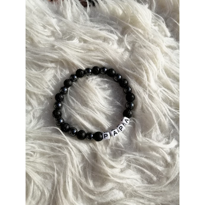 "PAPA" feliratos hematit-lávakő ásványkarkötő