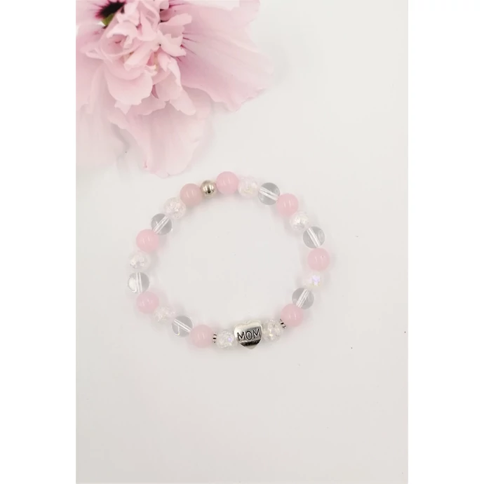 'MOM' medálos tündöklő hegyikristály-rózsakvarc karkötő_1
