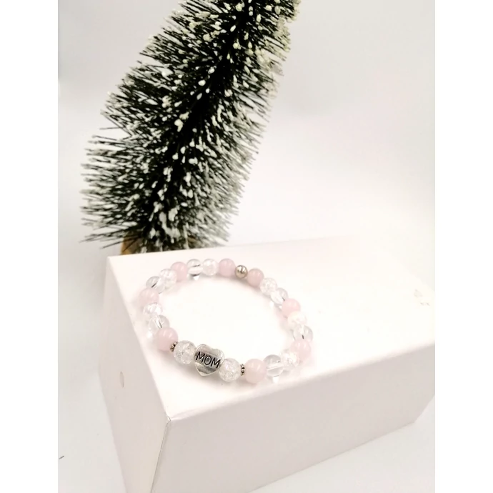 'MOM' medálos tündöklő hegyikristály-rózsakvarc karkötő_2