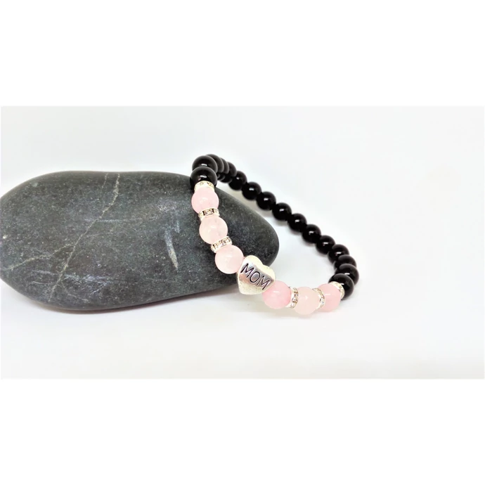 "MOM" medálos rózsakvarc-ónix ásványarkötő