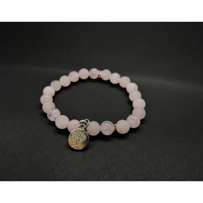 Életfa medállal díszített rózsakvarc ásványkarkötő