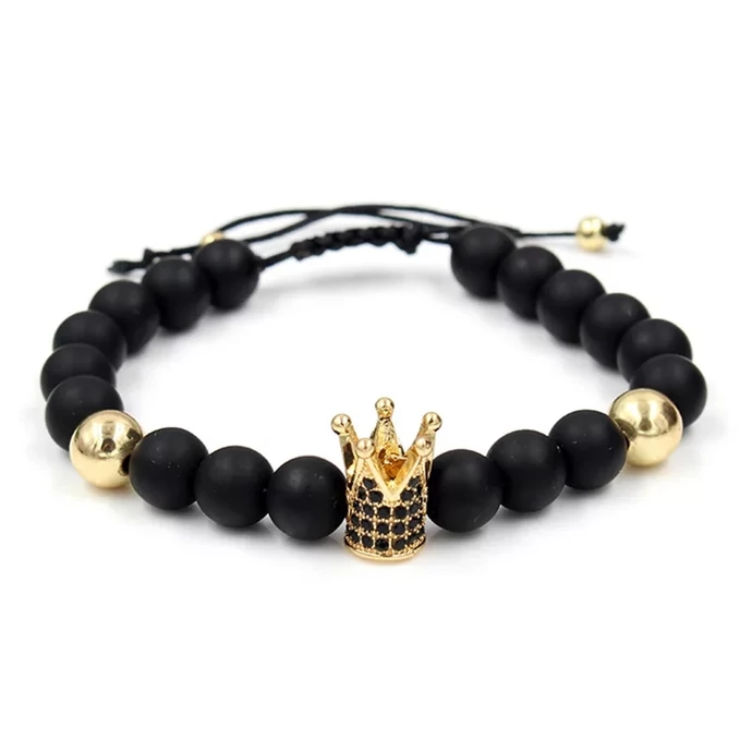 LUXURY ásványkarkötő fekete korona medállal