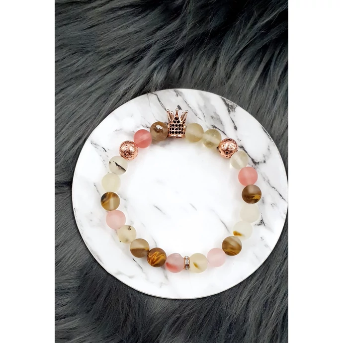 Rózsaopál LUXURY ásványkarkötő korona medállal