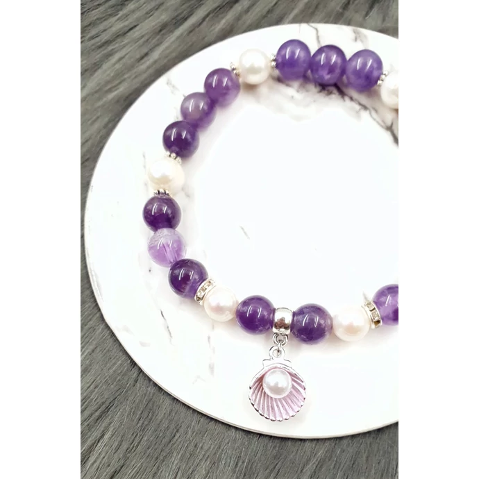 "Ametiszt álom" kagyló medálkás ásványkarkötő igazgyöngy tenyésztett igazgyöngy kristálykarkötő ékszer