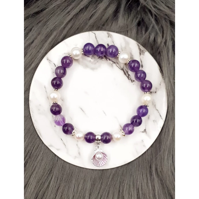 "Ametiszt álom" kagyló medálkás ásványkarkötő igazgyöngy tenyésztett igazgyöngy kristálykarkötő ékszer