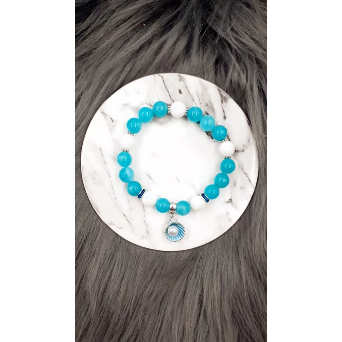 "Türkiz álom" kagyló medálkás ásványkarkötő kék kvarc tejkvarc kristálykarkötő ajándék ajándékötlet