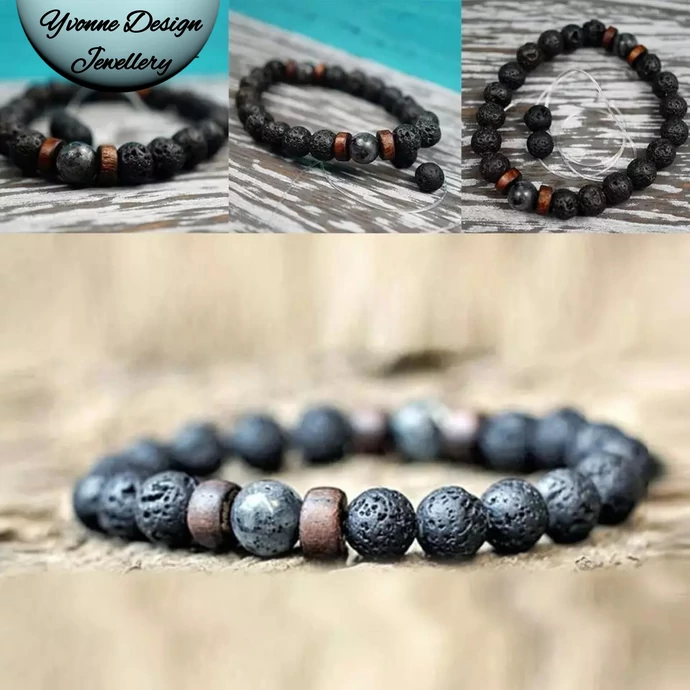 Lávakő ásványkarkötő apró fa betétekkel_2