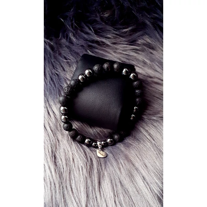 Lávakő , hematit férfi ásványkarkötő "Szeretlek" medálkával_2