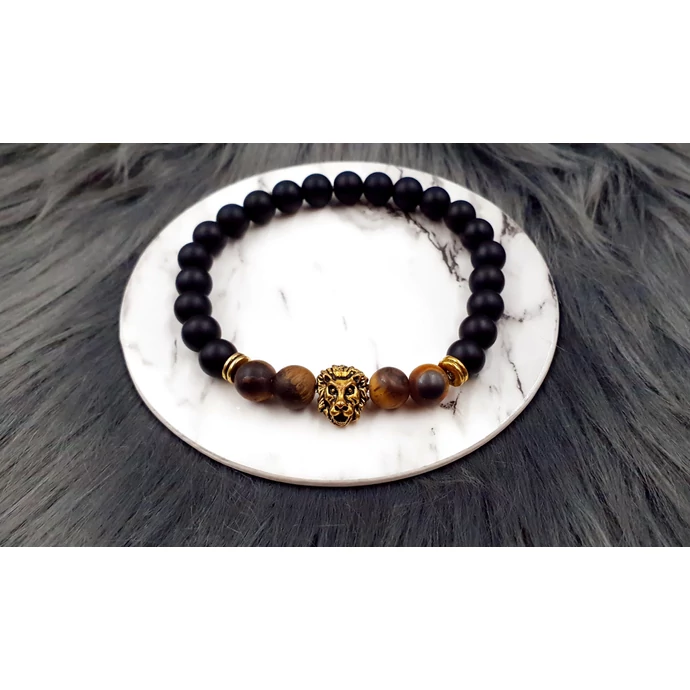 Oroszlánfejes ónix - tigrisszem ásványkarkötő férfi karkötő ásvány oroszlán arany matt tigrisszem férfi ékszer