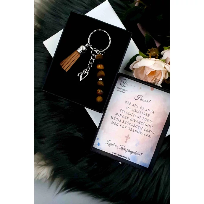 Keresztszülő felkérő díszdobozos kulcstartó tigrisszem