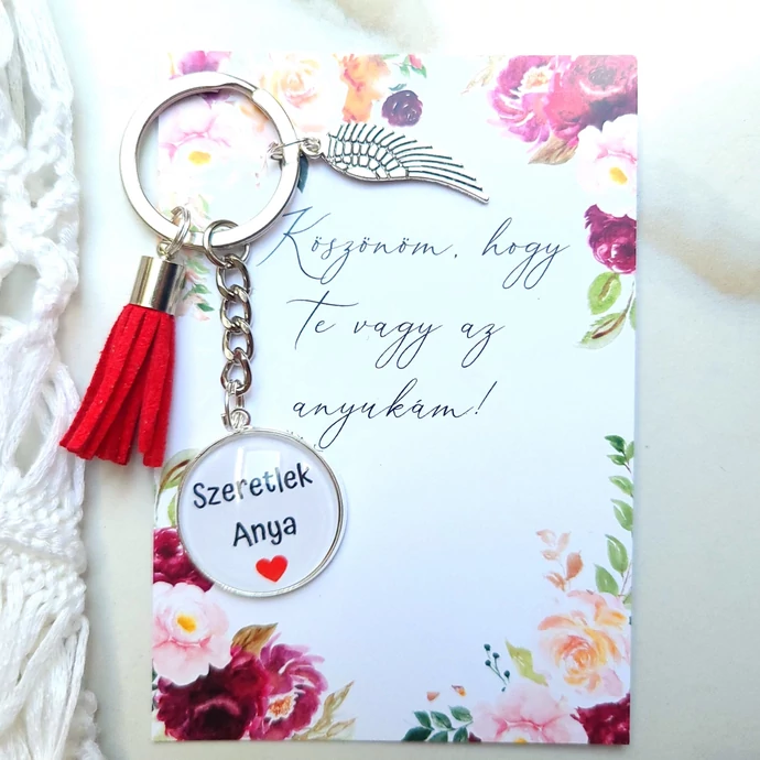 Szeretlek Anya feliratos üveglencsés kulcstartó üzenetkártyával