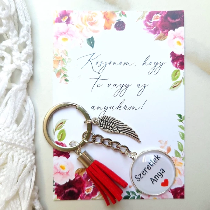 Szeretlek Anya feliratos üveglencsés kulcstartó üzenetkártyával