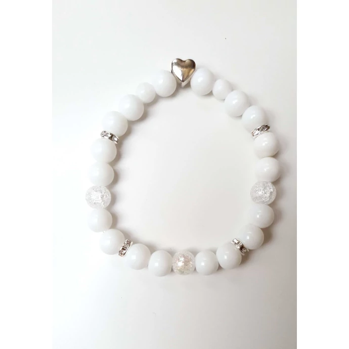 Hófehér szív medálos tejkvarc ásványkarkötő
